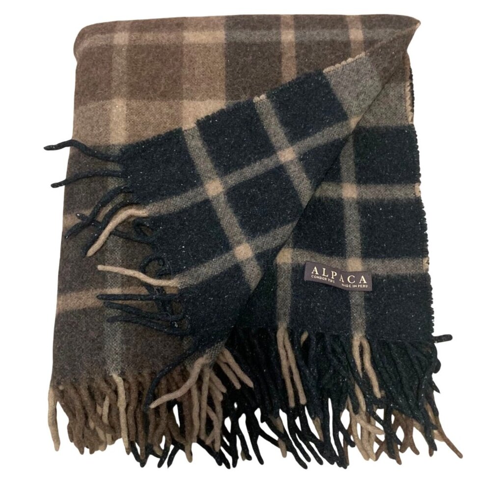 Alpaca Condor Tips Peruvian Wool Throw Blanket Plaid Tartan 58x62 Inches Fringe